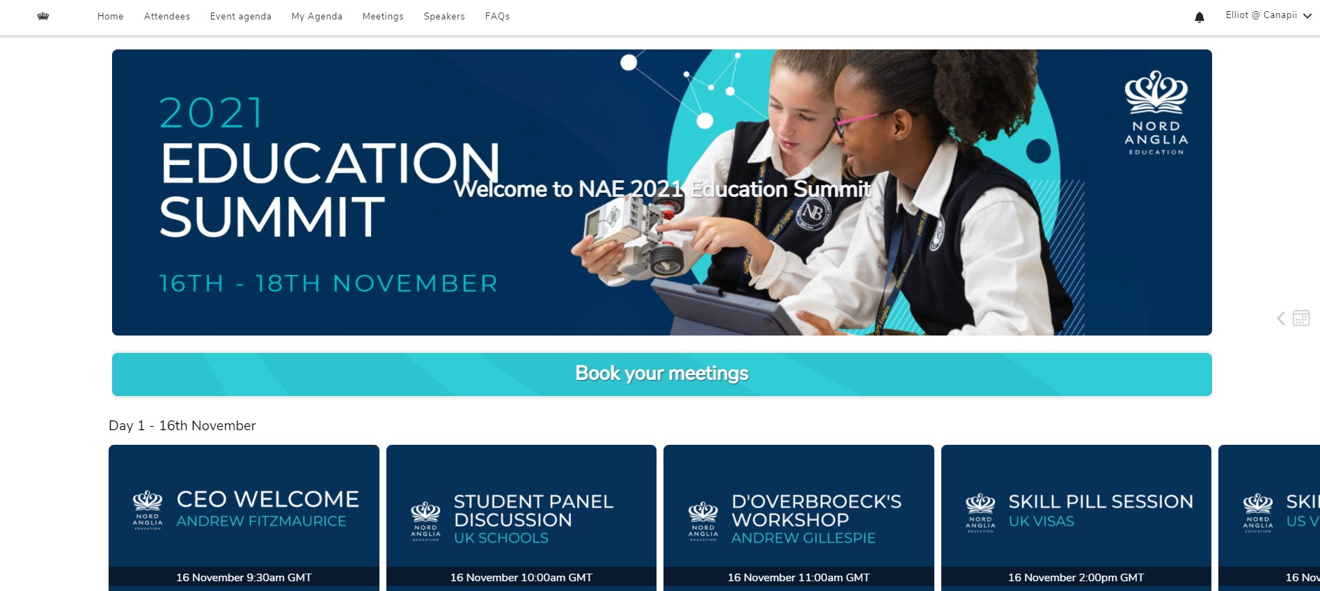 Nord Anglia event homepage on Canapii